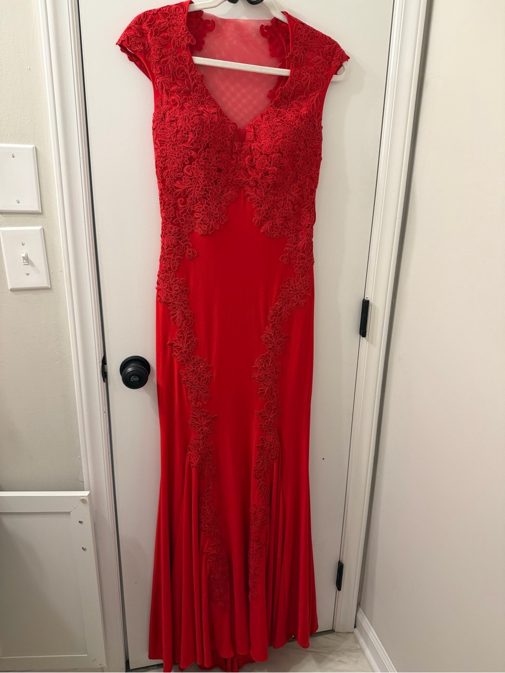 Betsy & Adam Red Lace Applique Illusion Mesh Mermaid Formal Gown Dress 4